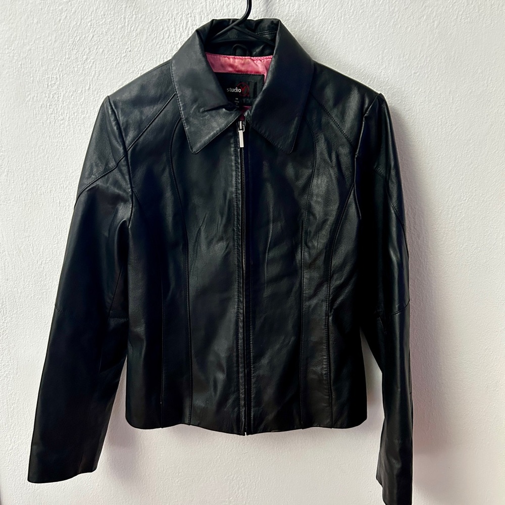 Studio Y Black Leather Jacket with Pink Lining